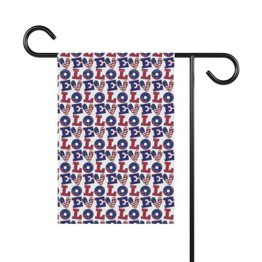 Patriotic LOVE pattern garden flag with black pole bar and hook, blue/white with red LOVE print