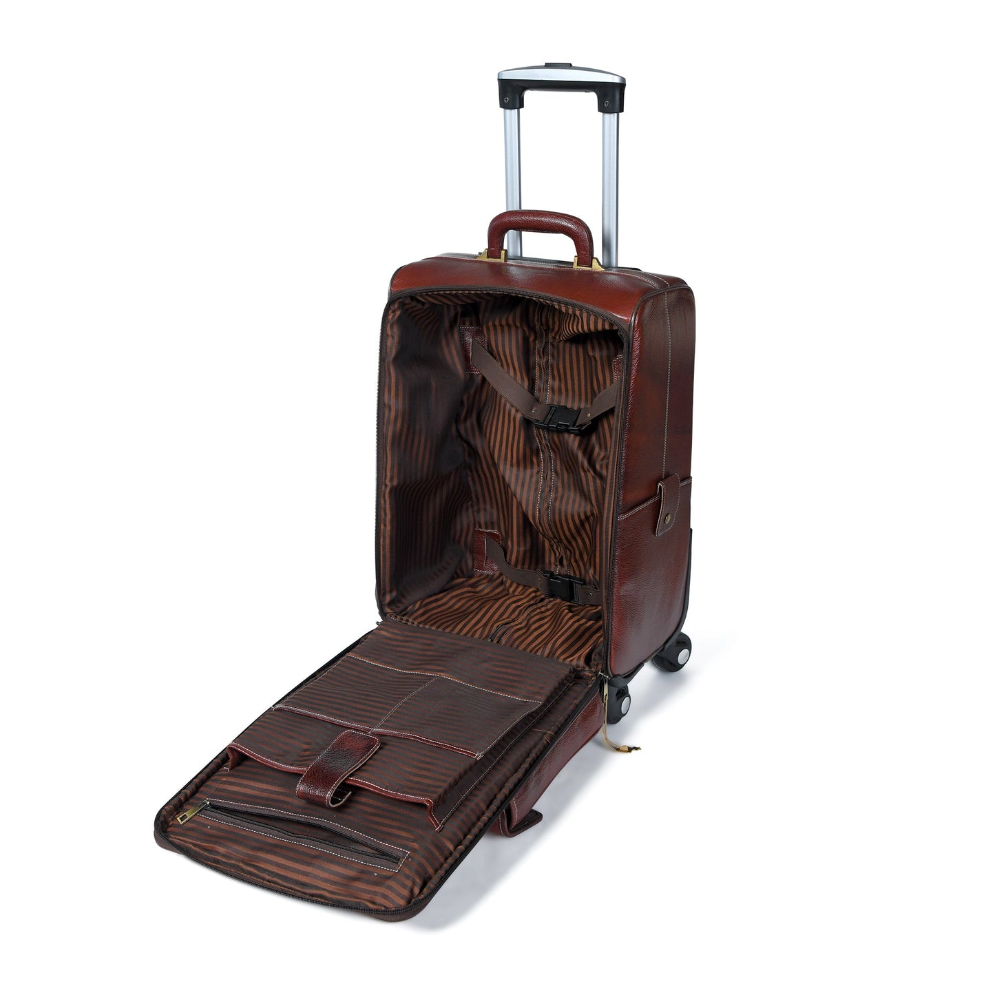 Brown leather trolley suitcase with telescoping handle and open interior lining