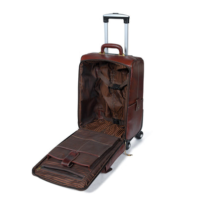 Brown leather trolley suitcase with telescoping handle and open interior lining