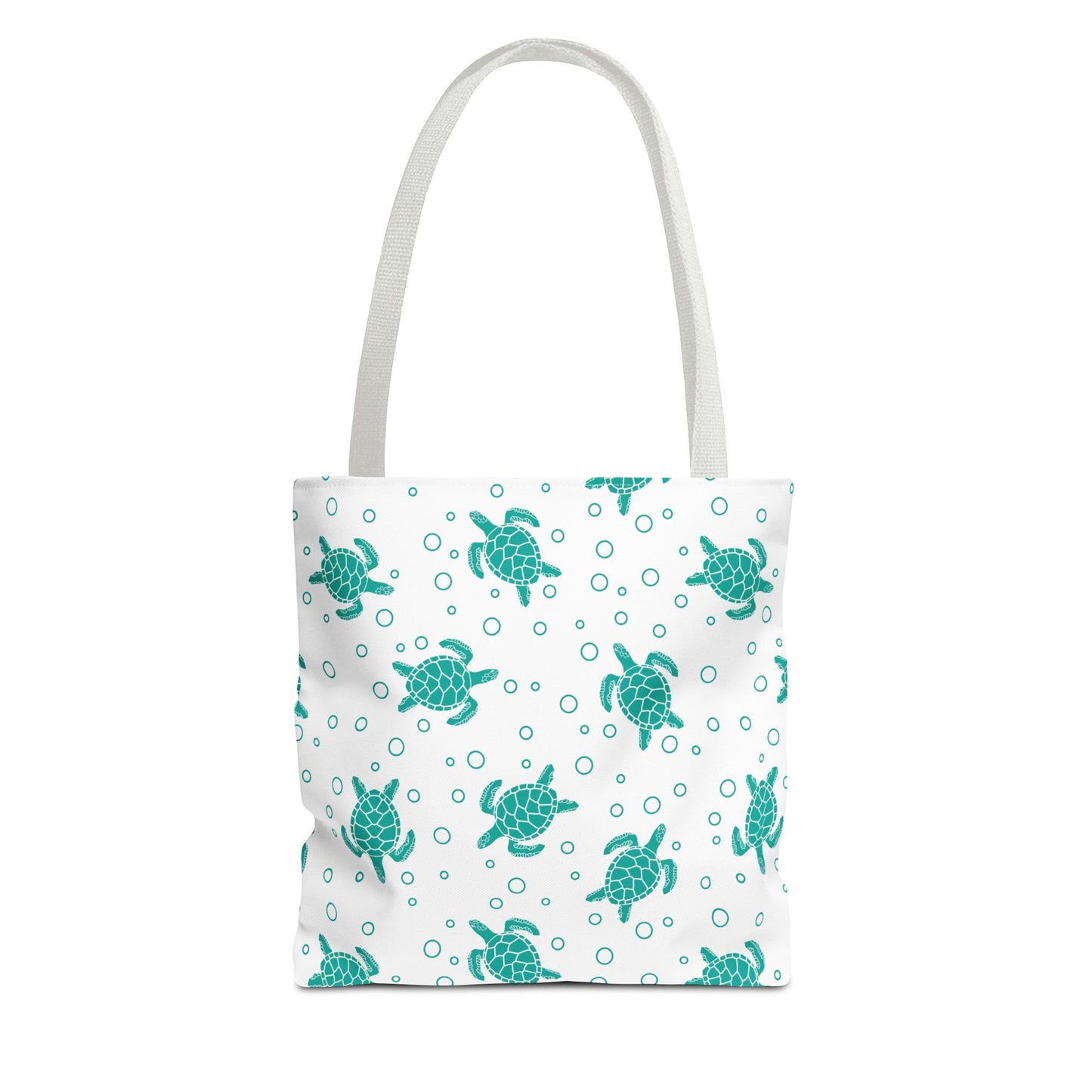 Sea turtle pattern tote bag with teal turtles on white background and light gray handles