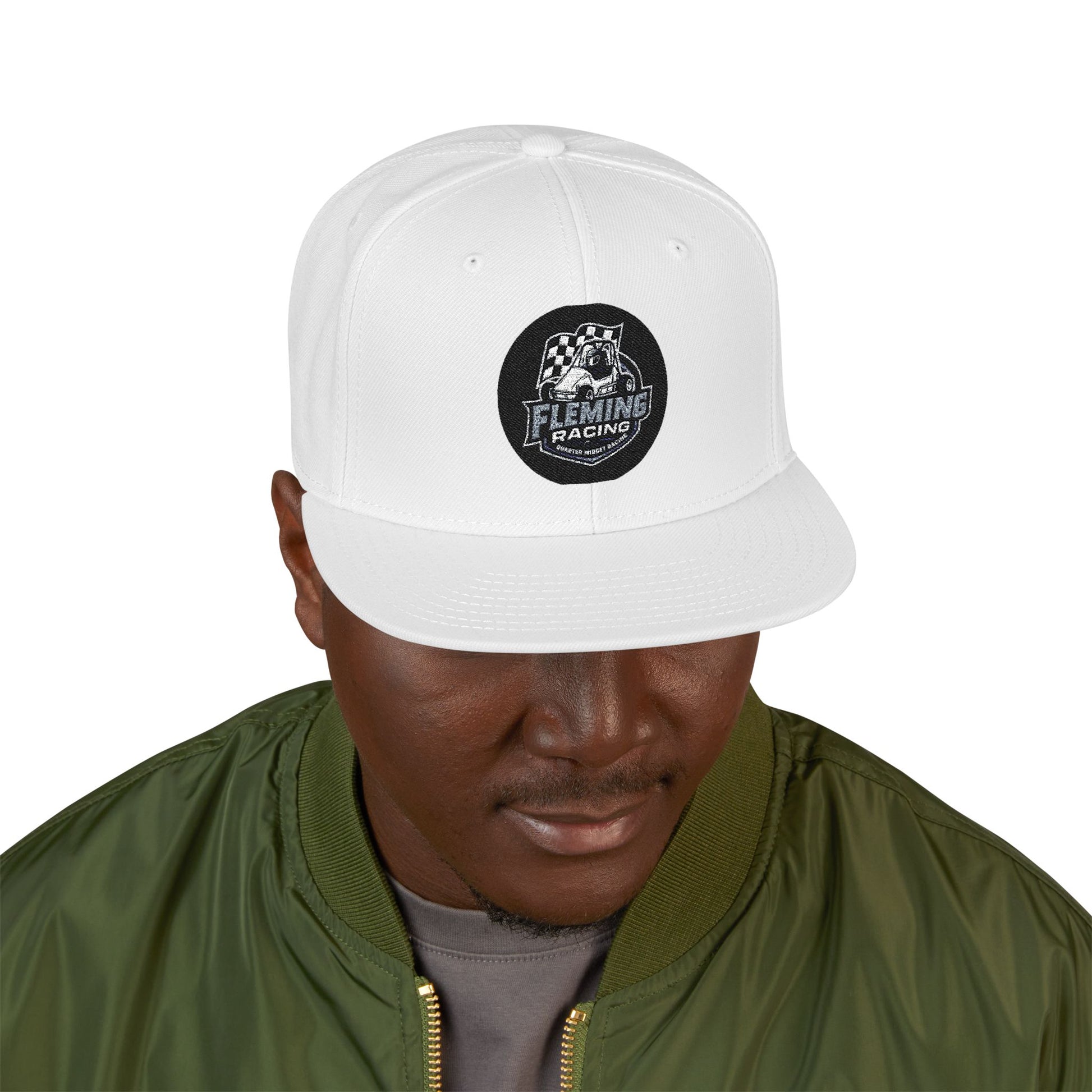 White snapback baseball cap with black embroidered racing patch on front