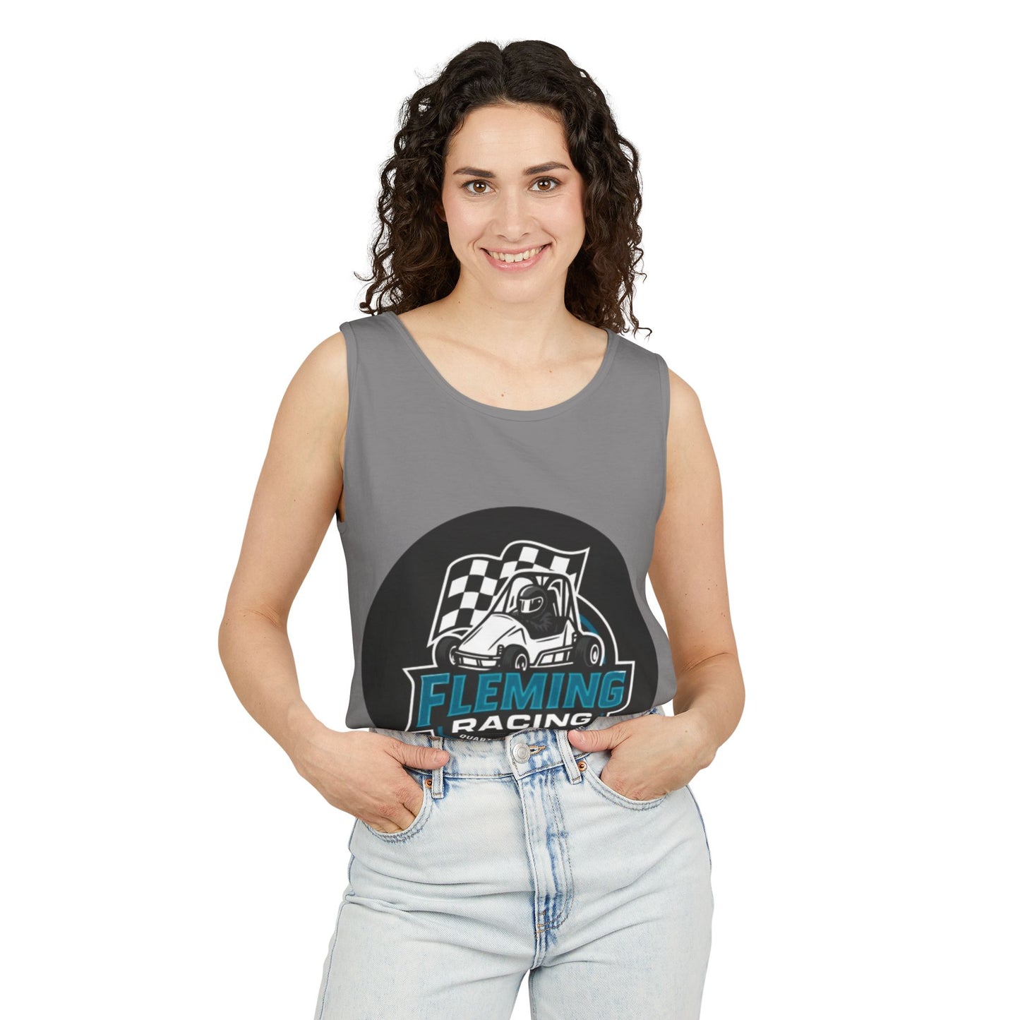 Fleming Racing tank top in dark gray featuring a front race logo circle