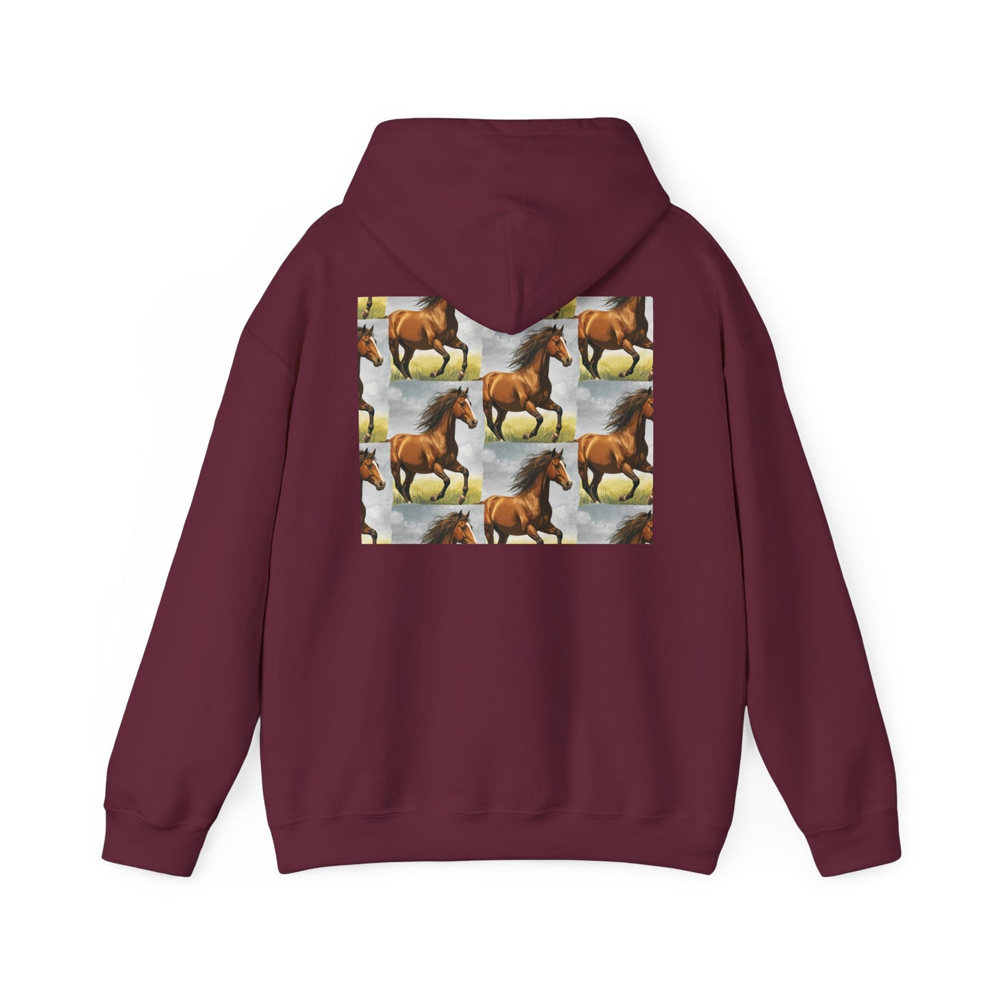 Maroon horse pattern hoodie with centered graphic panel on the back