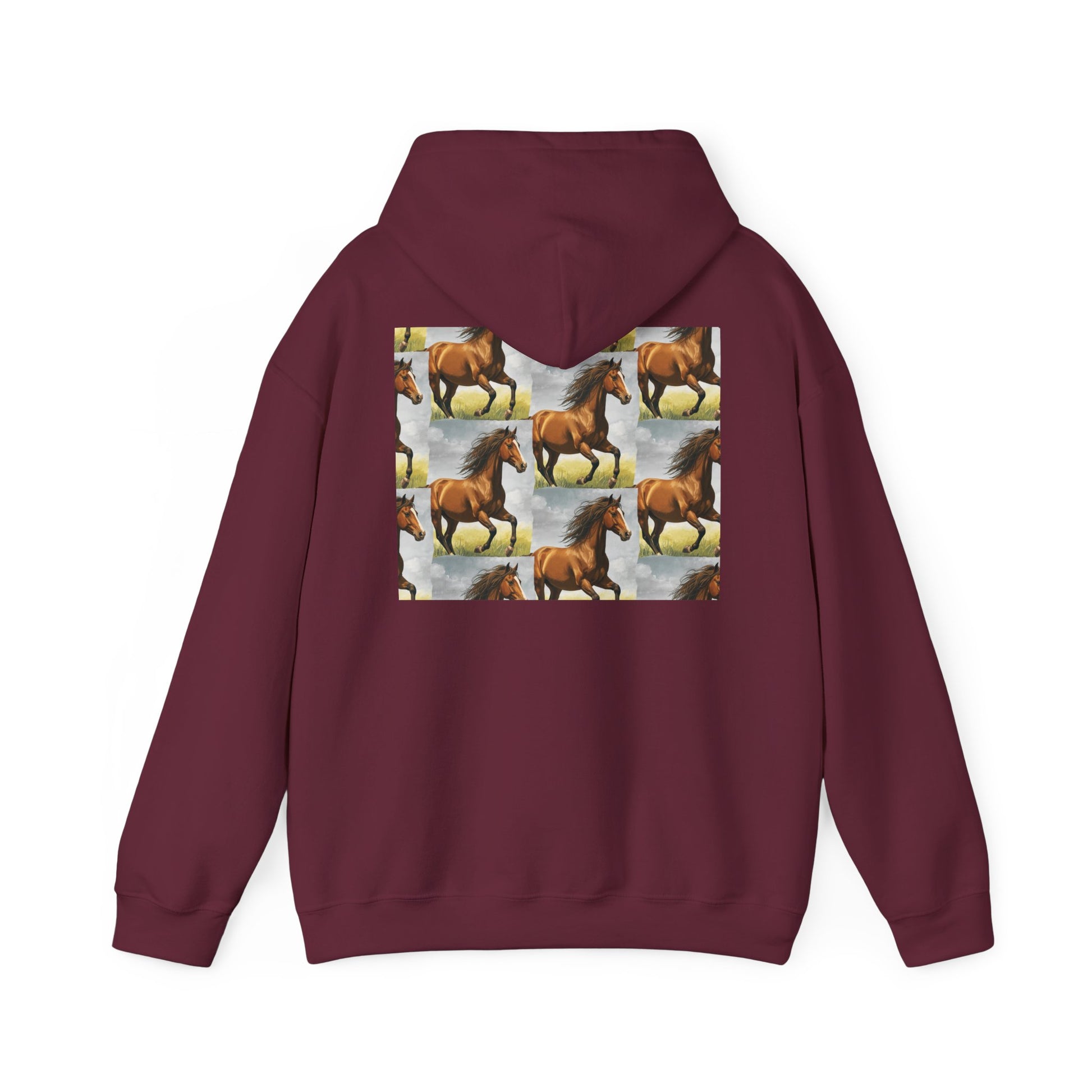 Maroon horse pattern hoodie with centered graphic panel on the back