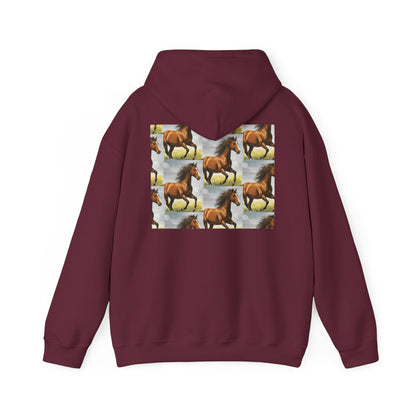 Maroon horse pattern hoodie with centered graphic panel on the back