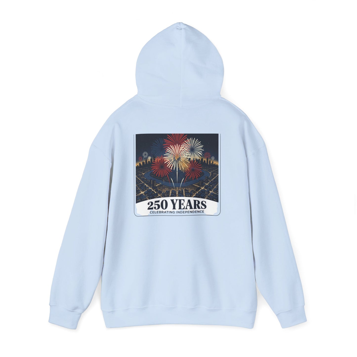 Light blue graphic hoodie, hooded back view with fireworks “250 years” print