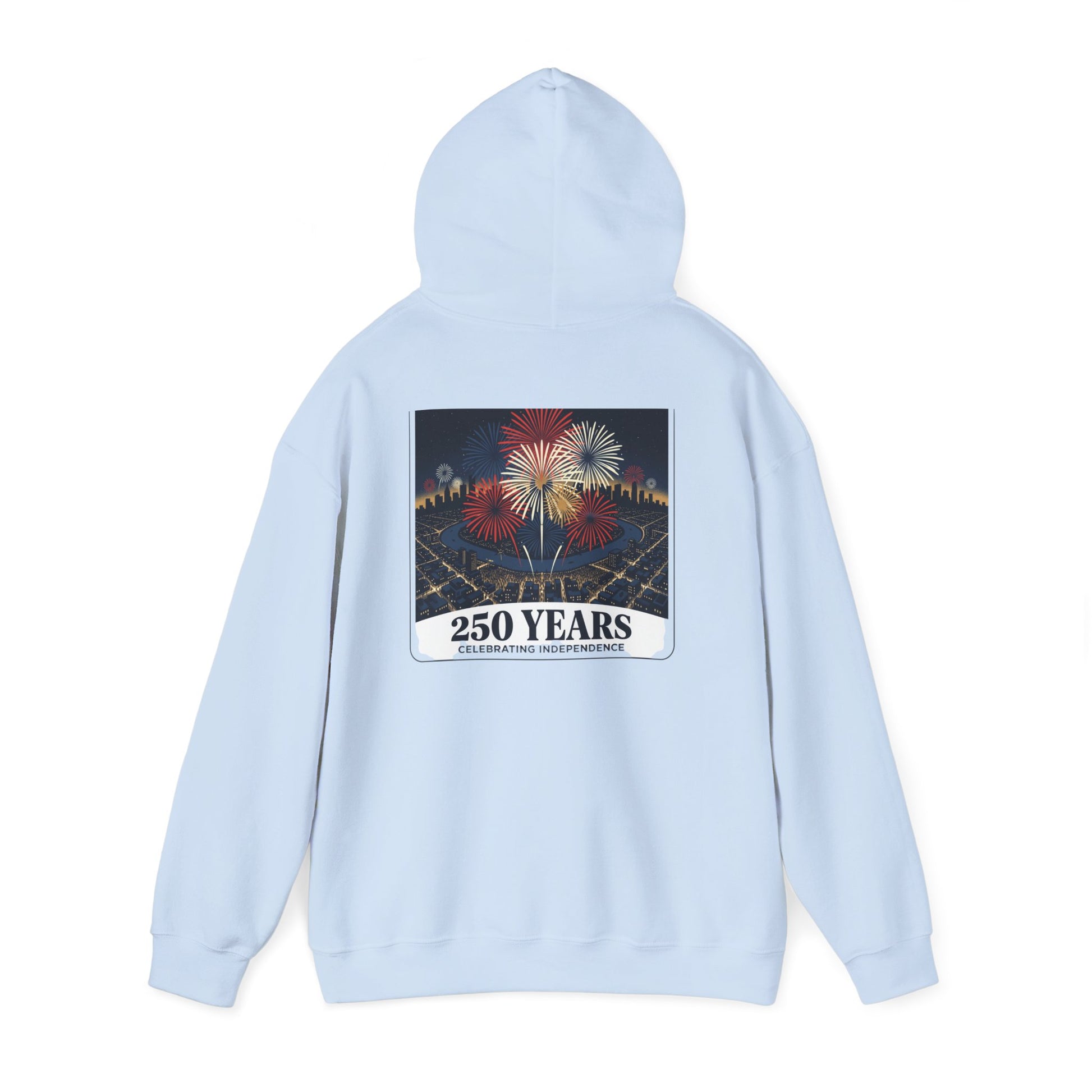 Light blue graphic hoodie, hooded back view with fireworks “250 years” print