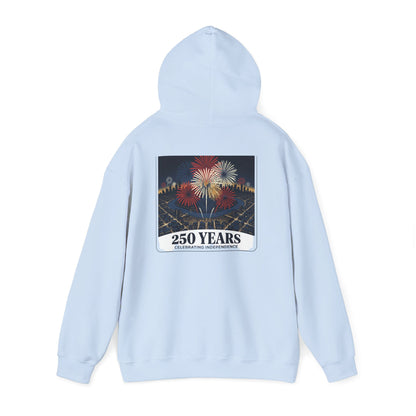 Light blue graphic hoodie, hooded back view with fireworks “250 years” print