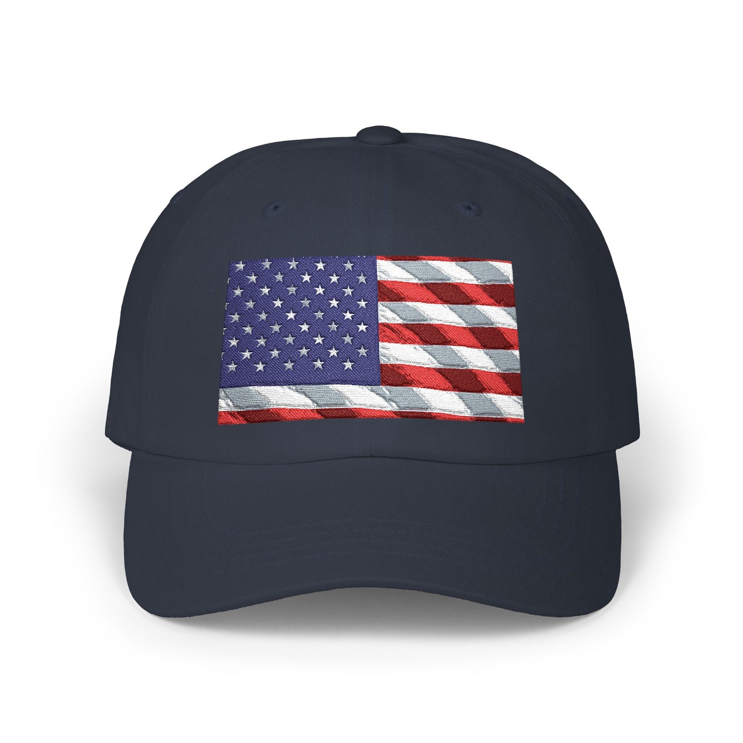 Navy dad cap with distressed American flag patch embroidery on front