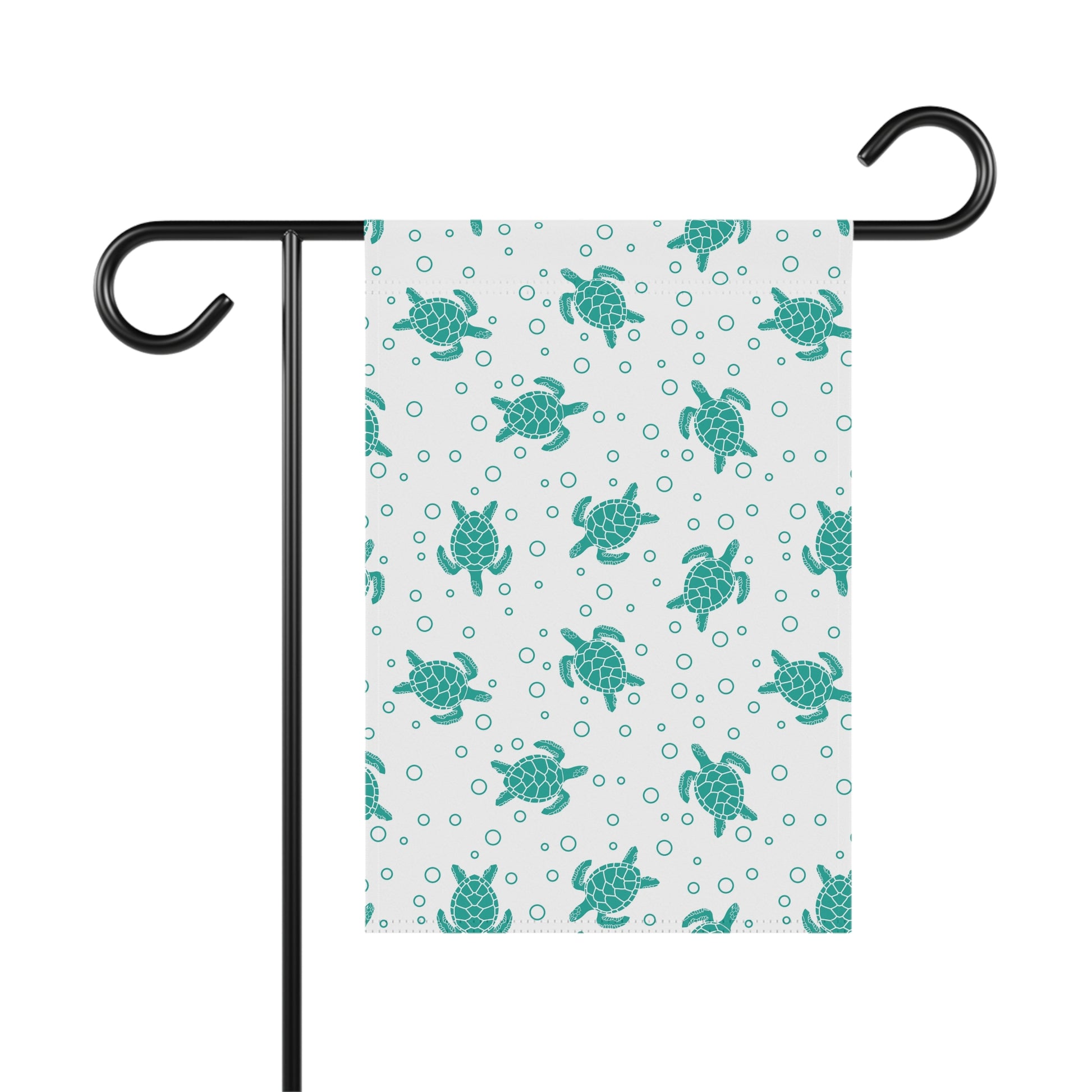 Sea turtle pattern garden flag, teal turtles on white with tiny circle accents