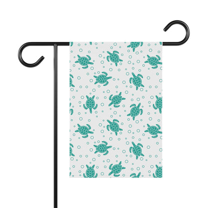 Sea turtle pattern garden flag, teal turtles on white with tiny circle accents