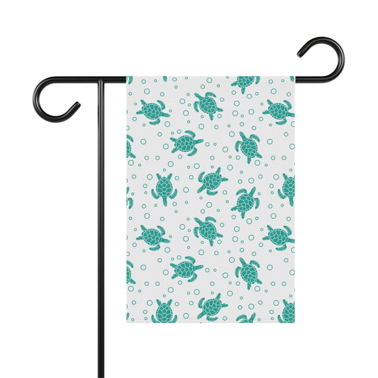 Sea turtle pattern garden flag, teal turtles on white with tiny circle accents