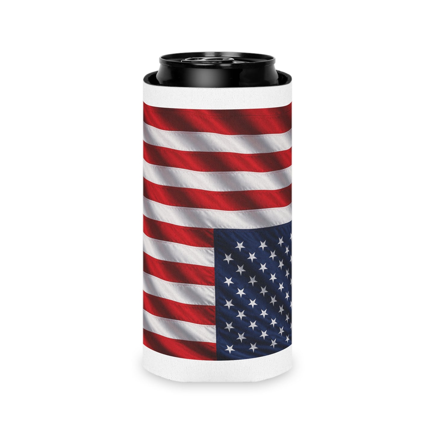 American flag can cooler sleeve on beverage can with red-white stripes and navy stars