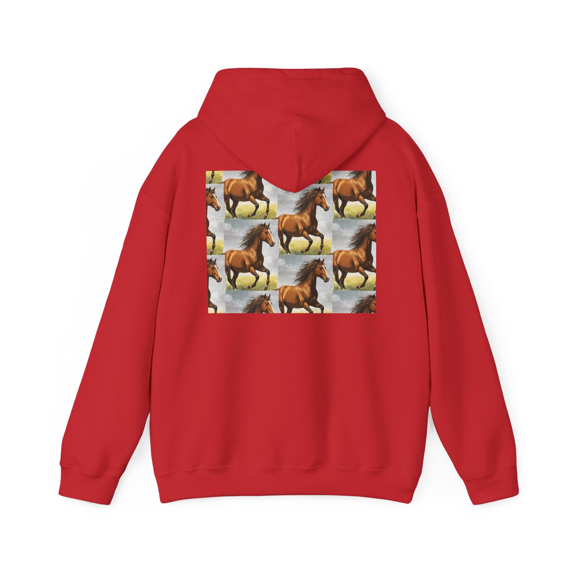 Red horse pattern hoodie with hood and large back horse collage graphic
