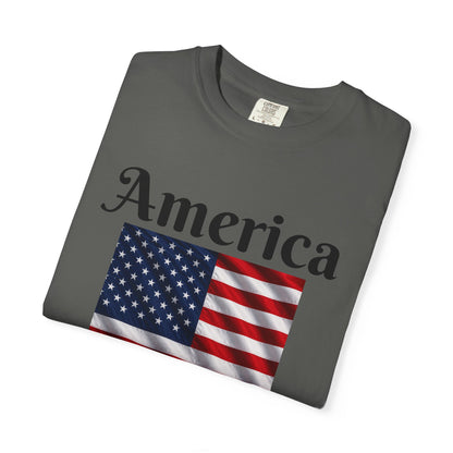 Charcoal T-shirt with America script over U.S. flag graphic