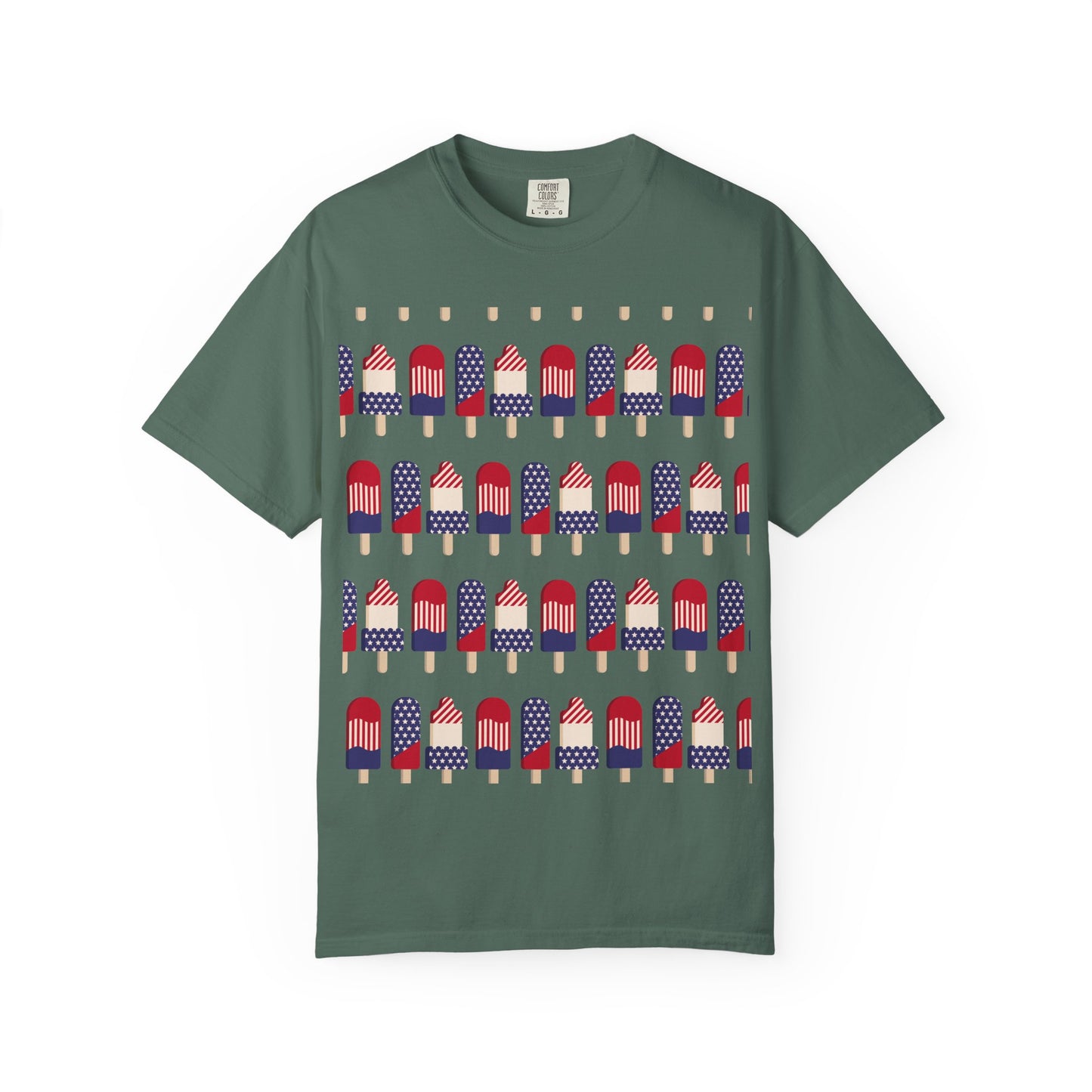 Green T-shirt with popsicle-themed American flag graphic across the chest