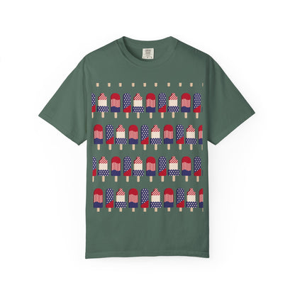 Green T-shirt with popsicle-themed American flag graphic across the chest
