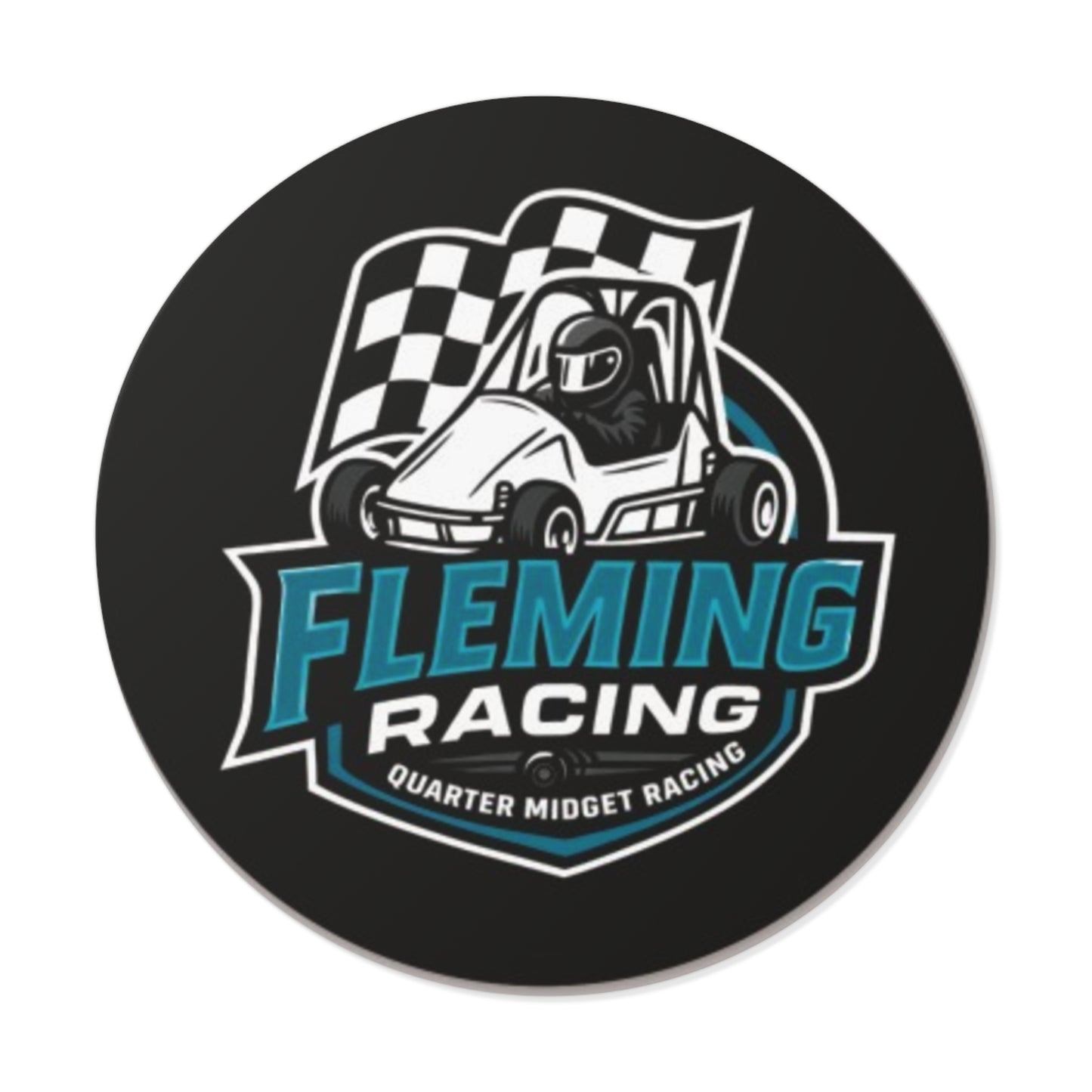 Round black racing logo sticker with quarter midget car graphic and blue Fleming Racing