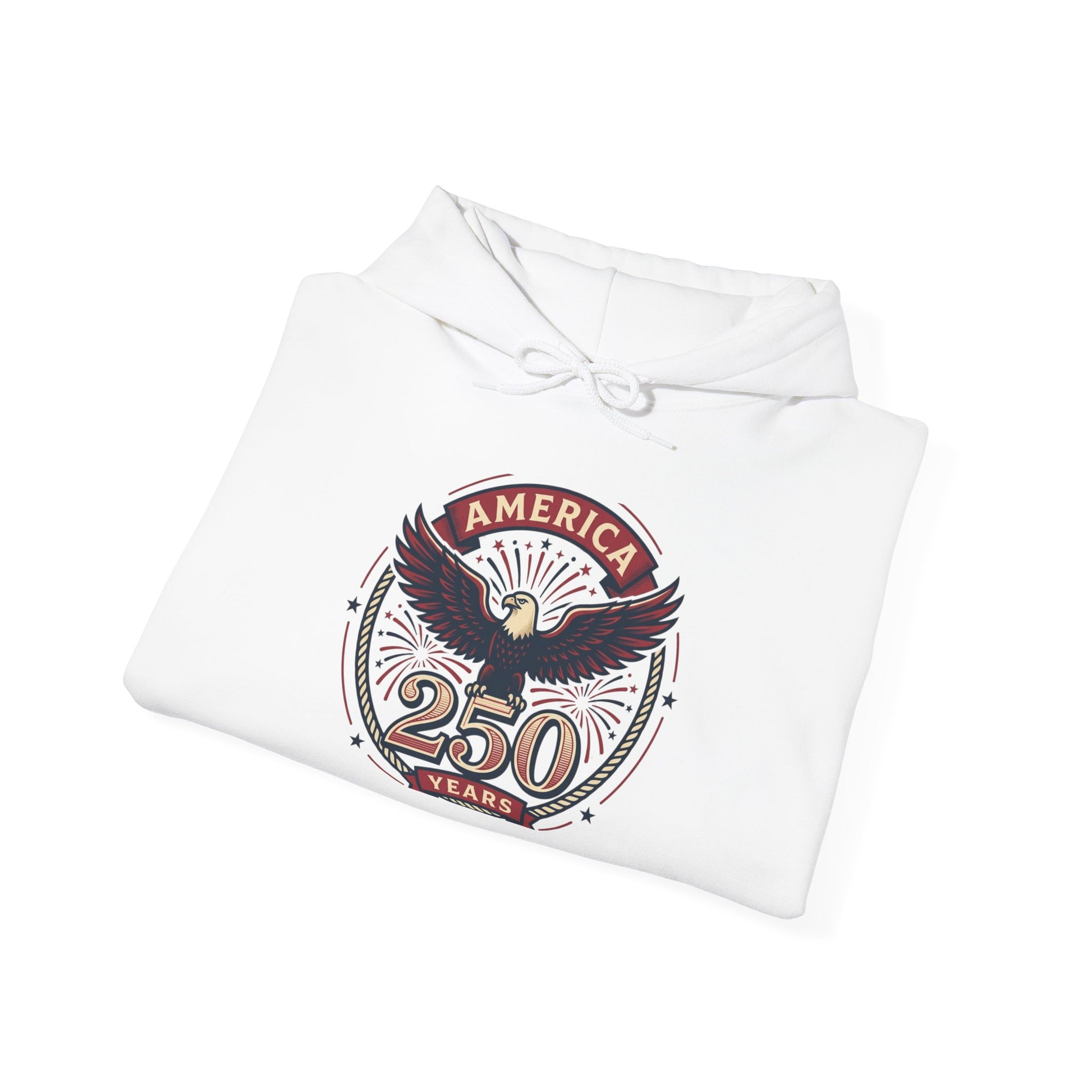 White pullover hoodie with eagle “250 years” graphic on the front