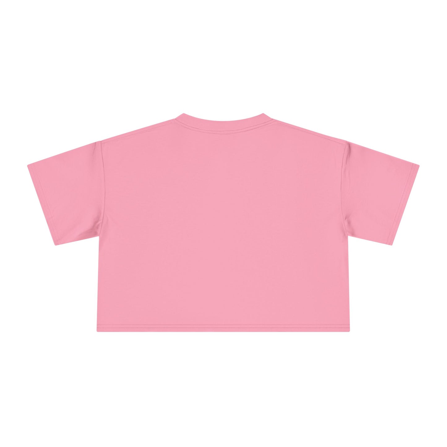 Pink crop top tee with crew neck and short sleeves, plain back