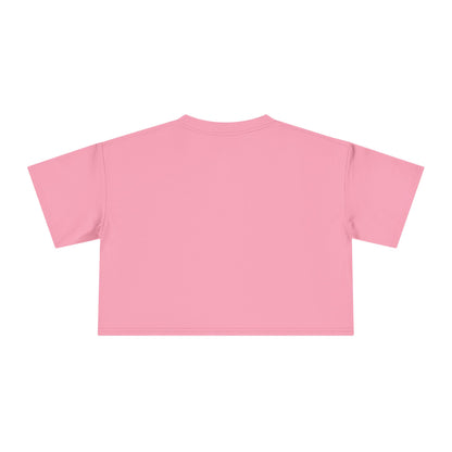 Pink crop top tee with crew neck and short sleeves, plain back
