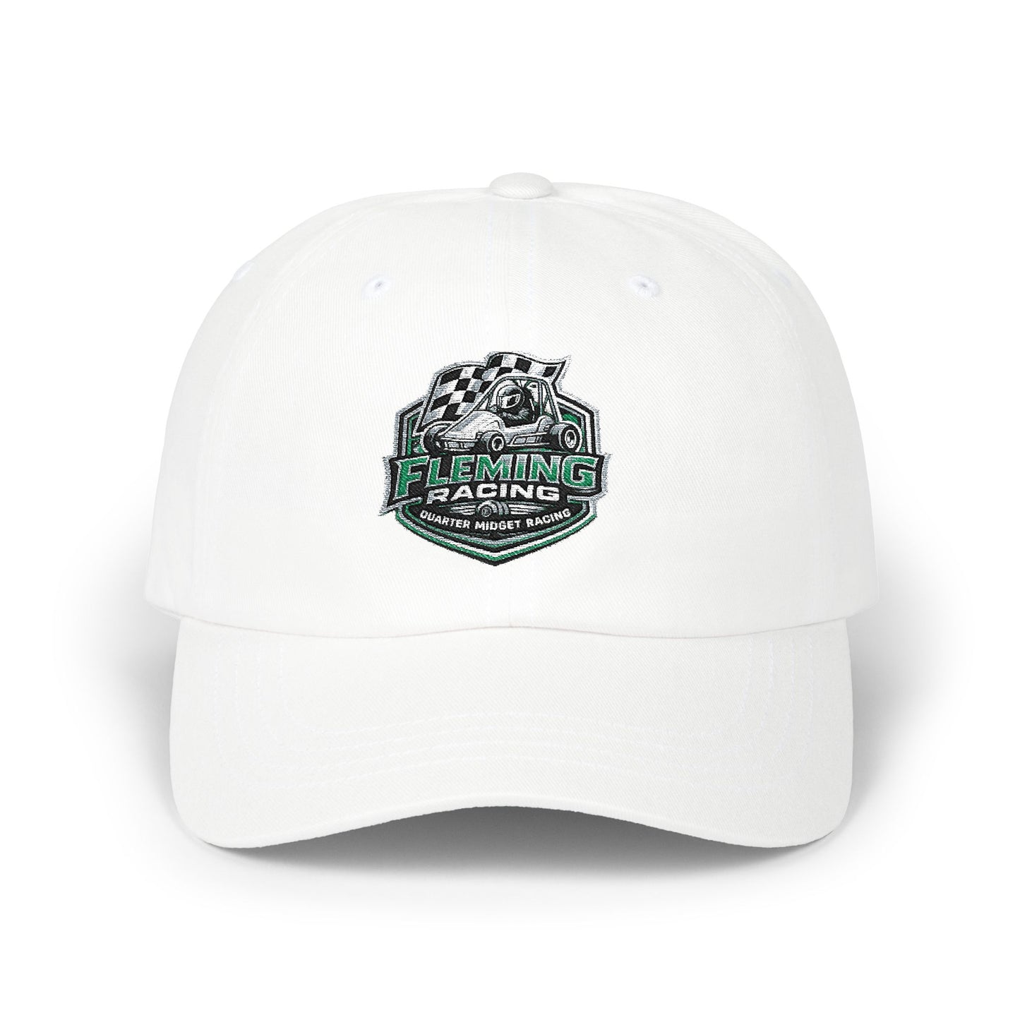 White soccer crest dad cap with Fleming Racing logo on front