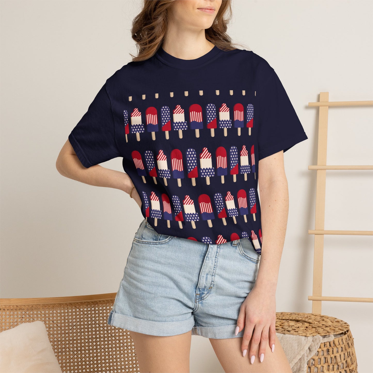 Navy T-shirt on model; American flag popsicle graphic across front