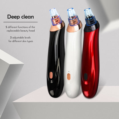 Electric blackhead remover with three interchangeable heads in black, white, and red.