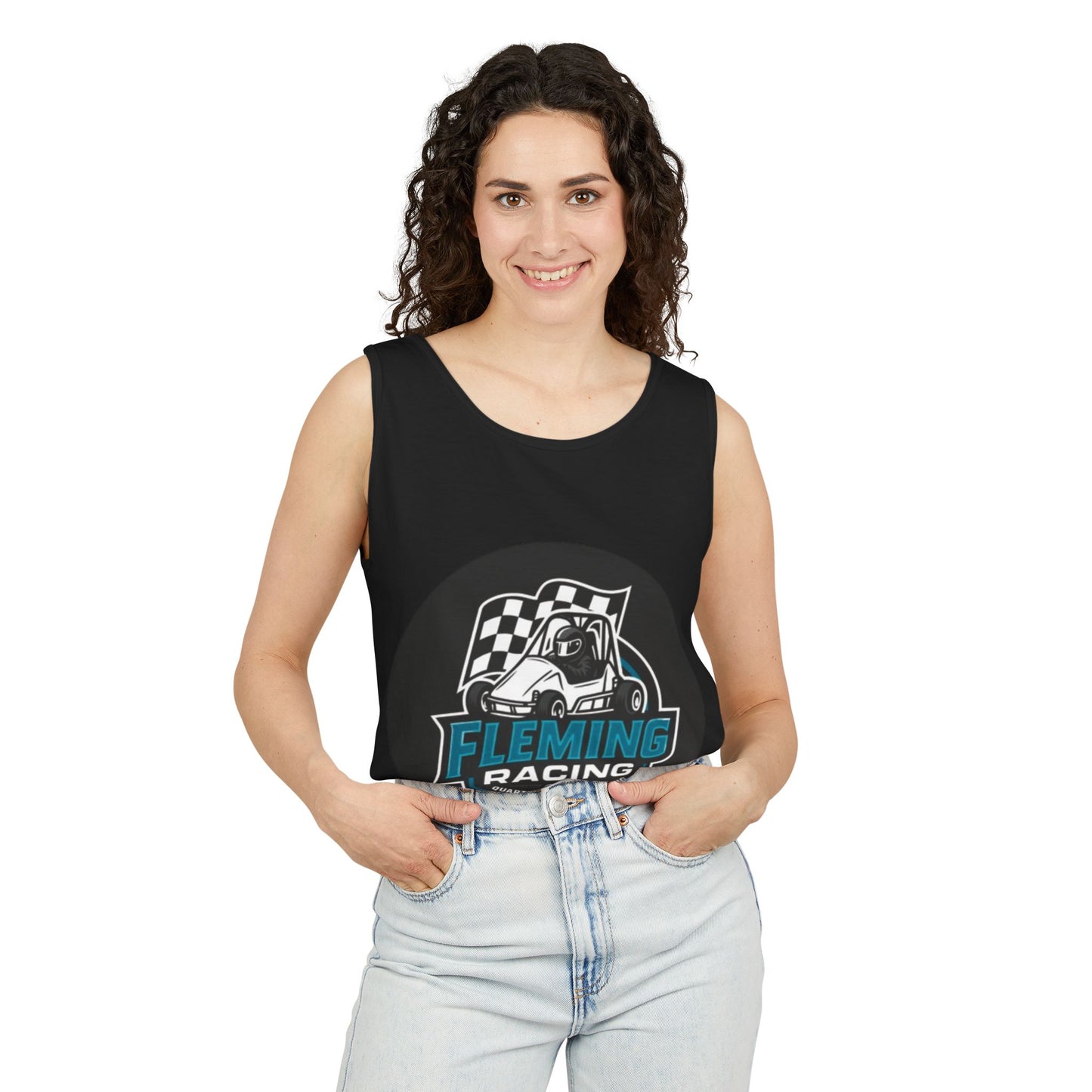 Black sleeveless racing tank top with front Fleming Racing logo graphic