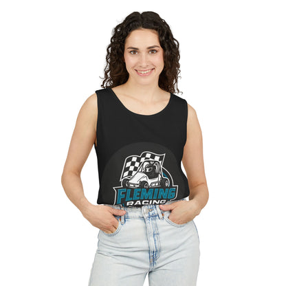Black sleeveless racing tank top with front Fleming Racing logo graphic