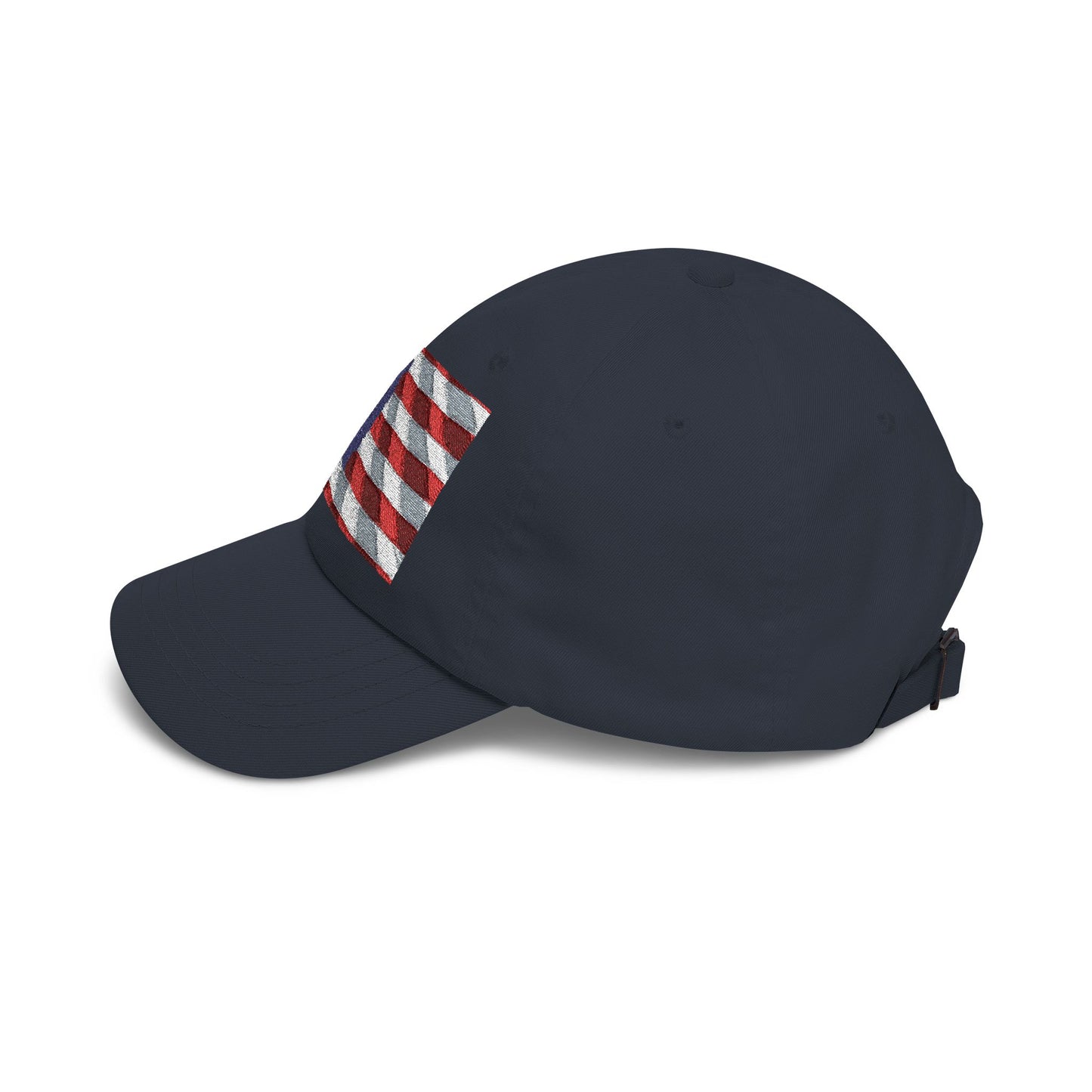 Navy dad cap with distressed American flag patch on side panel, curved brim