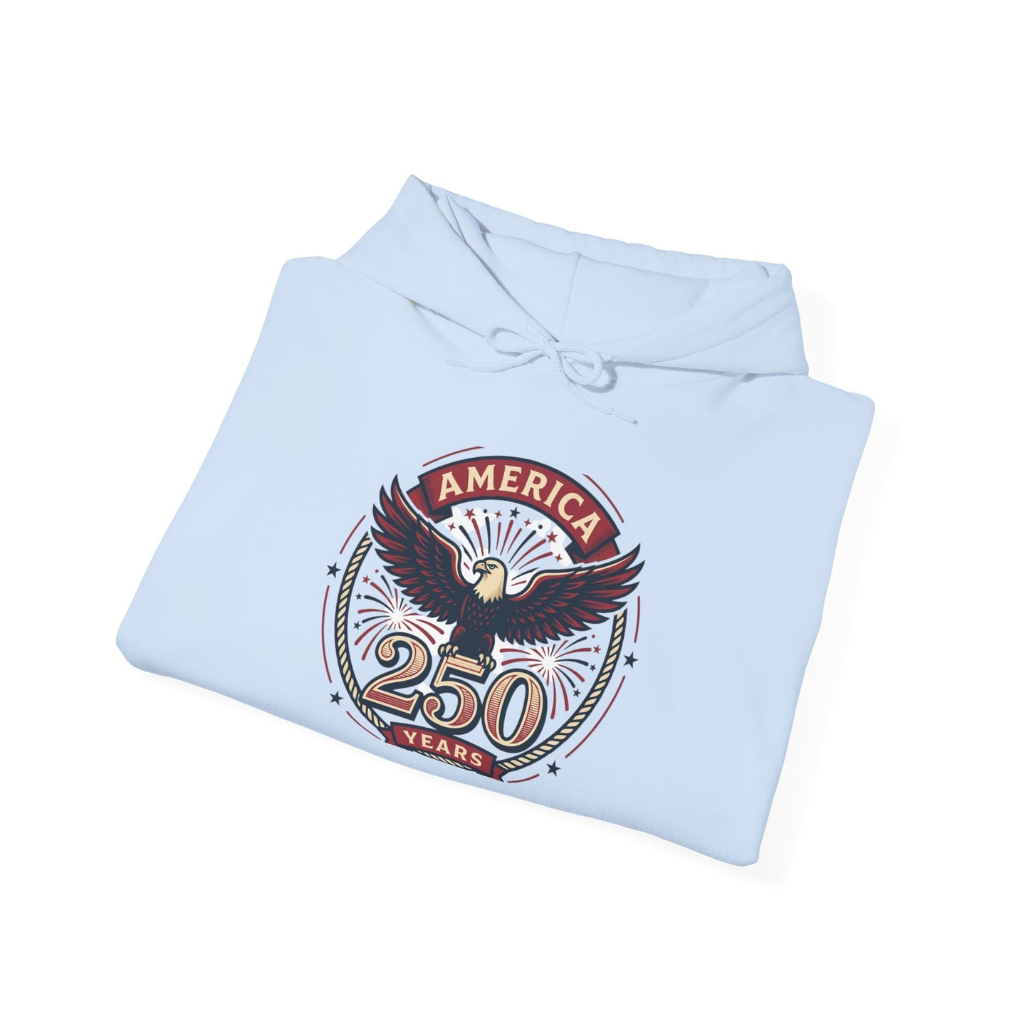 Light blue graphic hoodie folded, “America 250 years” eagle badge on chest