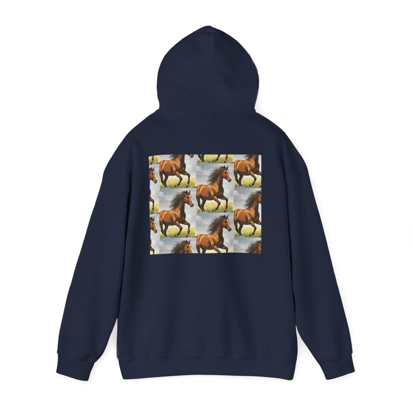 Dark navy horse pattern hoodie with hood and large back horse collage graphic