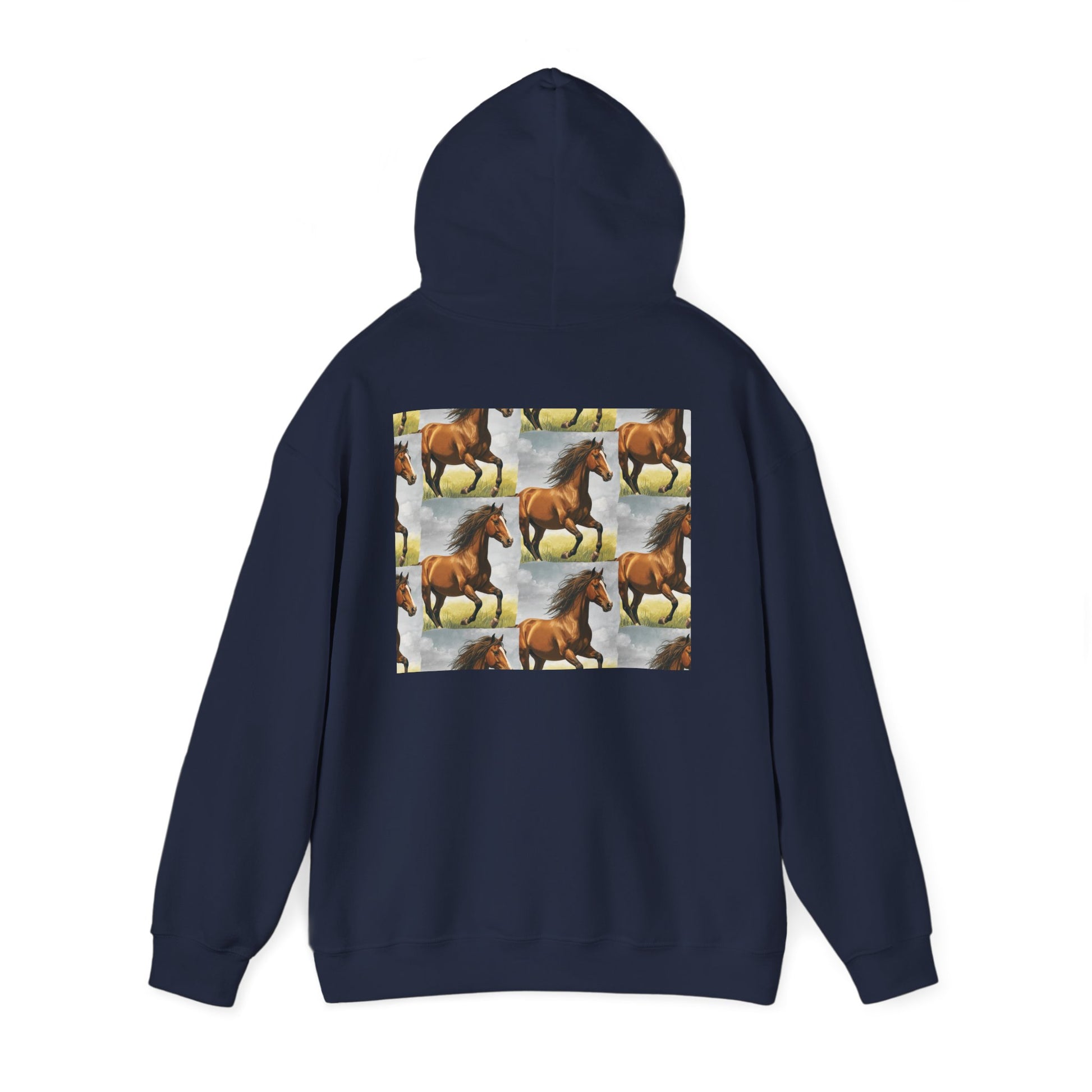 Dark navy horse pattern hoodie with hood and large back horse collage graphic