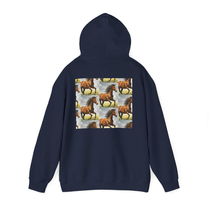 Dark navy horse pattern hoodie with hood and large back horse collage graphic