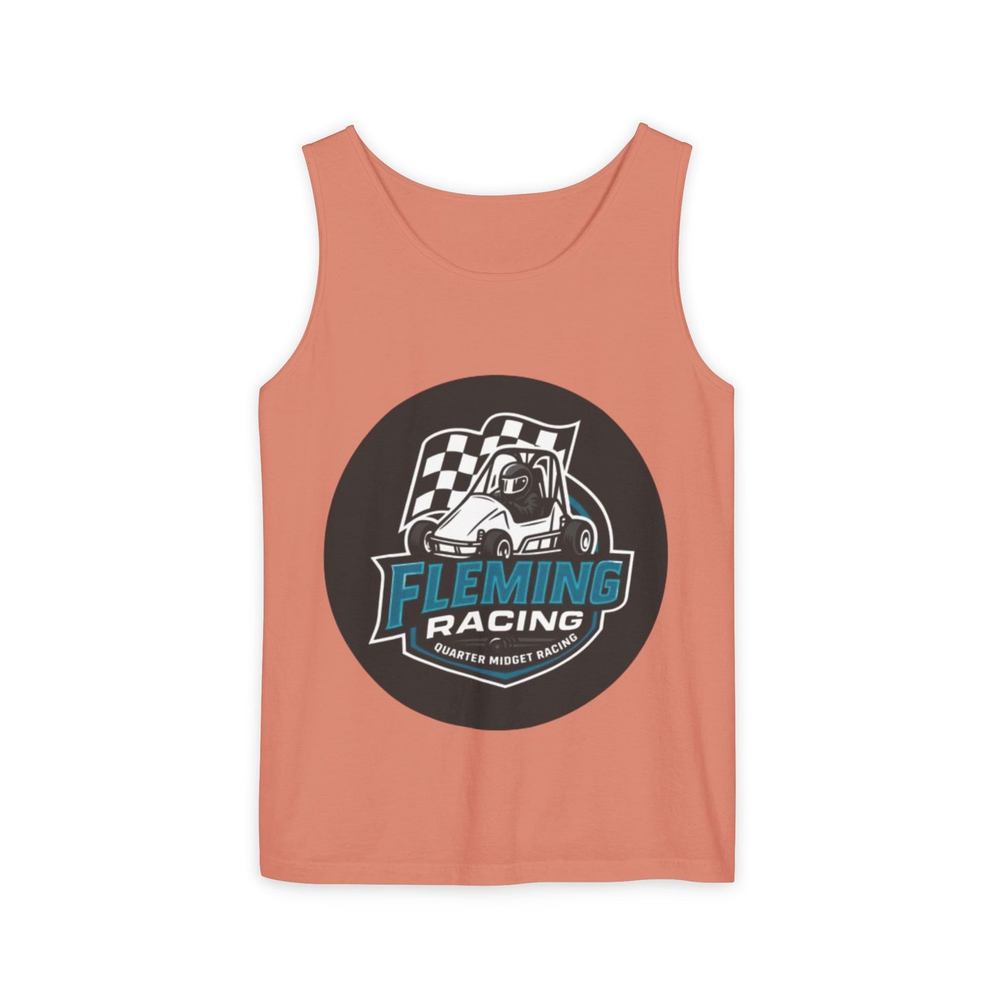 Terracotta racing tank top with round Fleming Racing graphic and checkered car logo