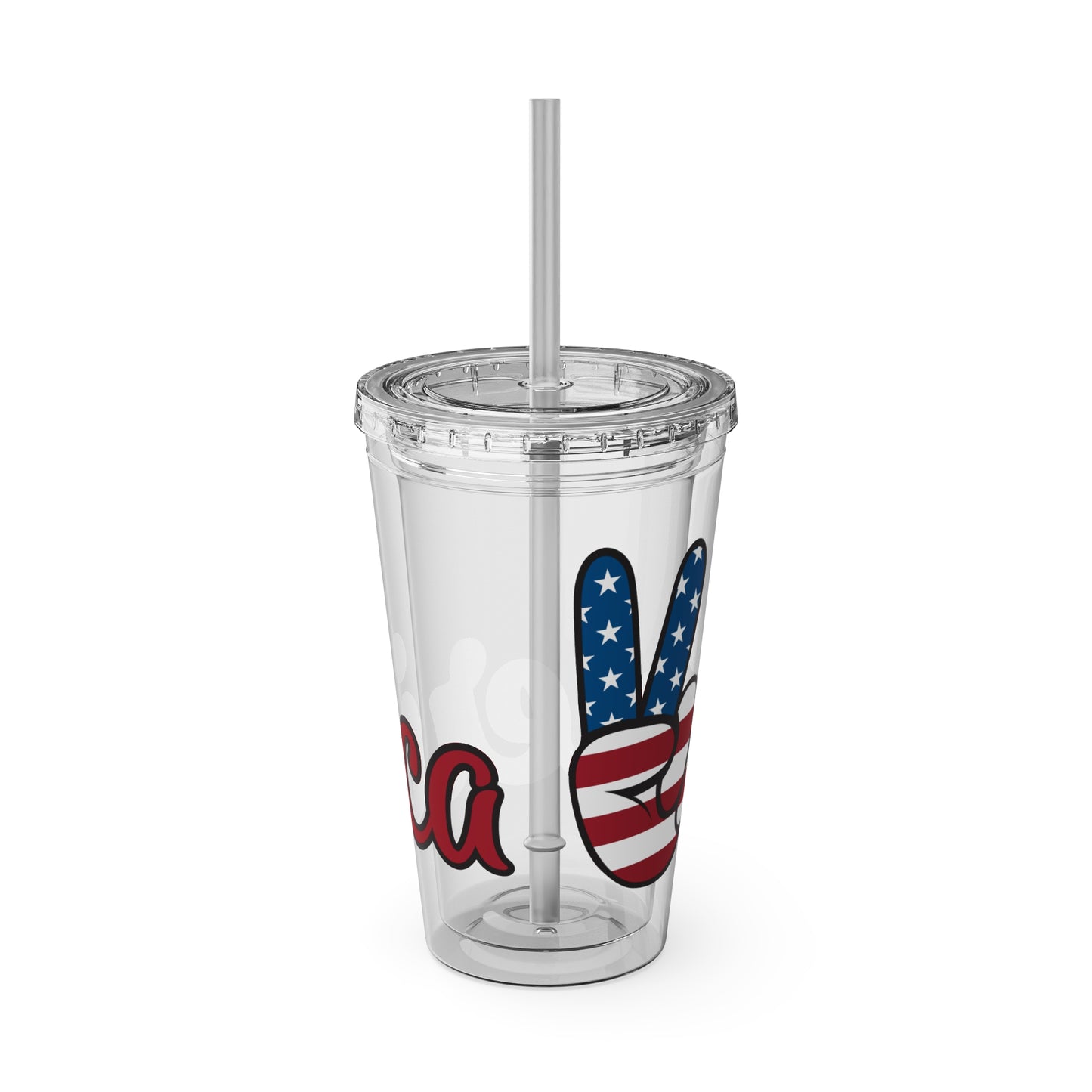 Clear 16oz tumbler with white straw and blue/red peace sign graphic