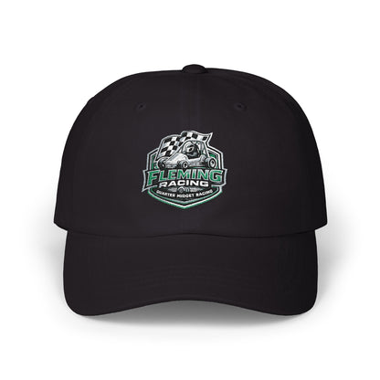 Black soccer crest dad cap with Fleming Racing logo on front