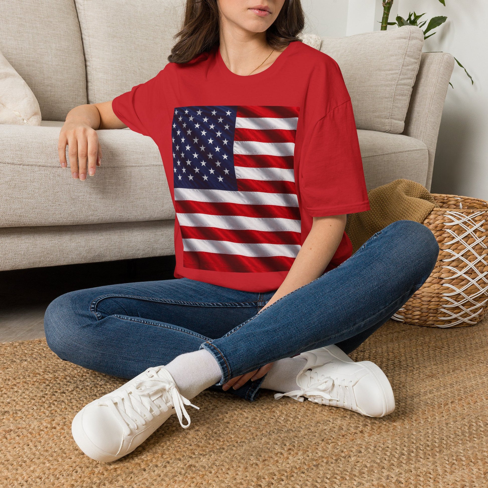 Red crewneck T-shirt with large American flag print on front