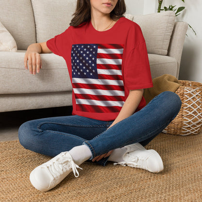Red crewneck T-shirt with large American flag print on front