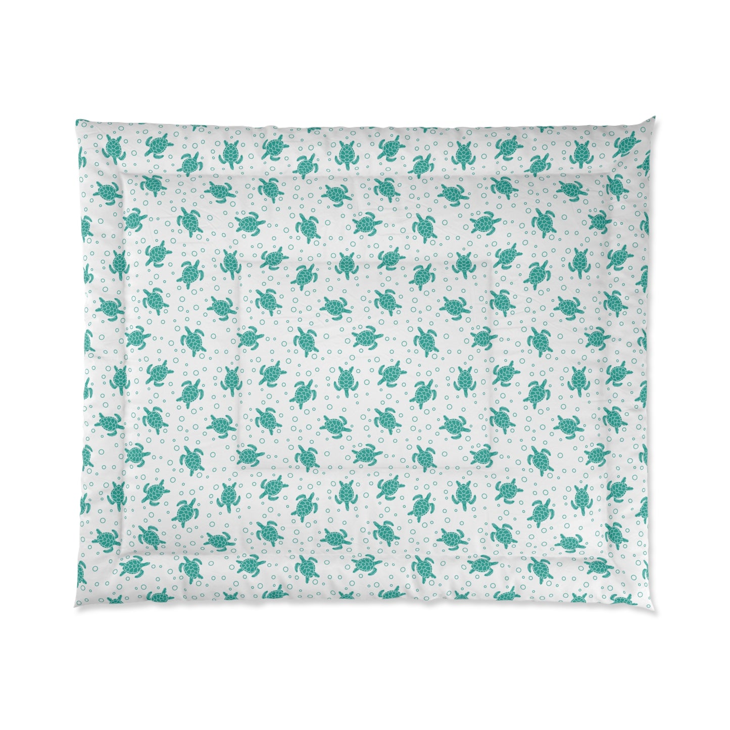 Comforter with teal all-over floral pattern on white, corner edge view