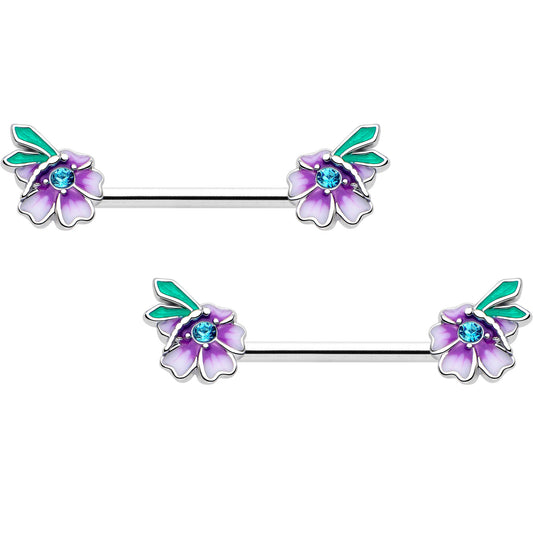 14G 9/16 Blue Gem Faerie Flower Purple Barbell Nipple Ring Set - Renee Lane Company