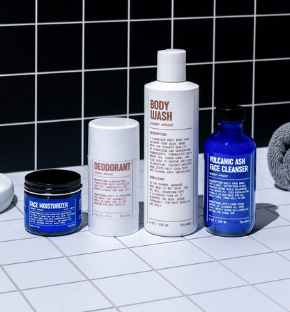 Skincare starter set with body wash bottle, deodorant, face moisturizer jar, and cleanser