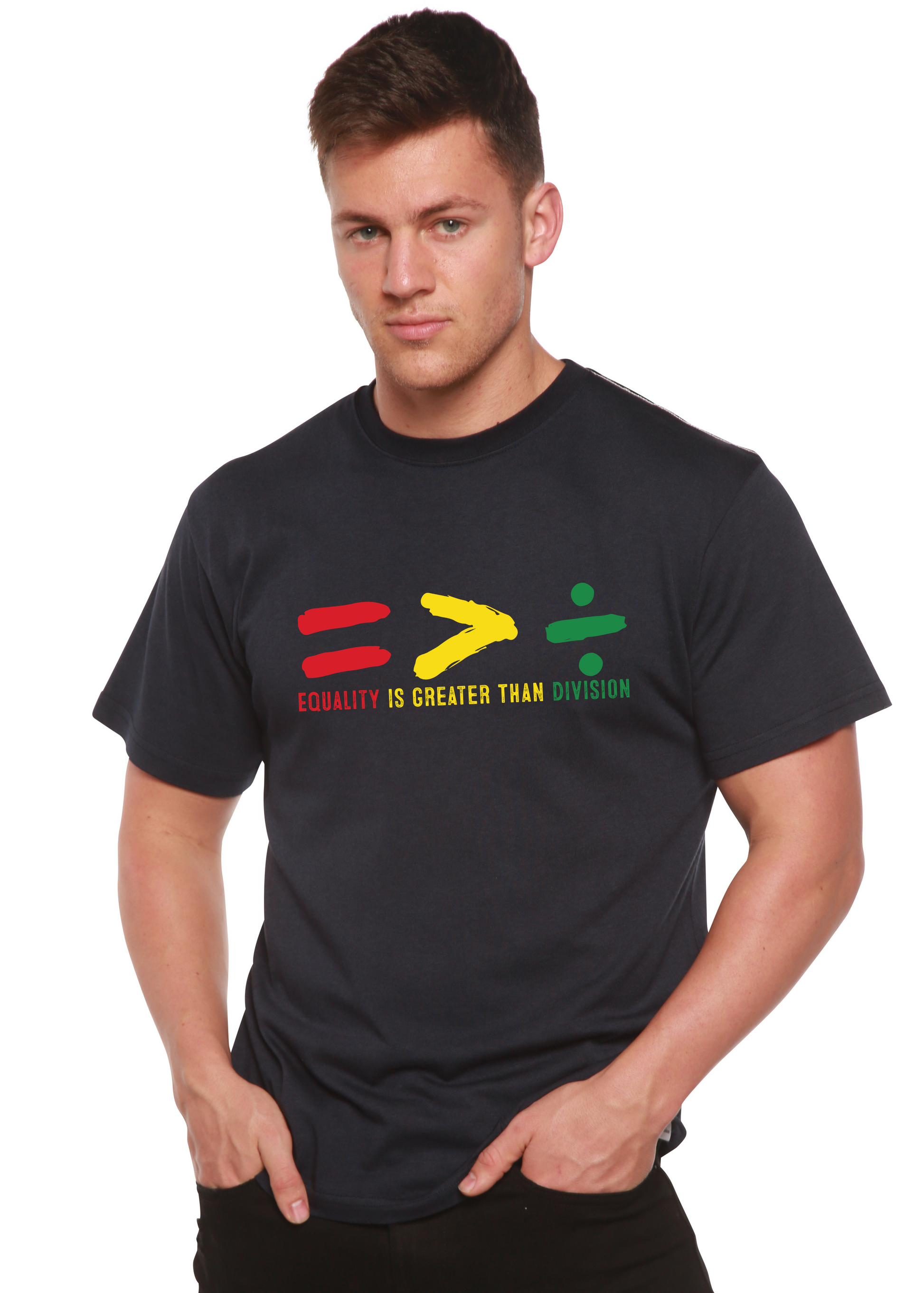 Unisex black graphic t-shirt with multicolor Equality slogan and symbol print on front