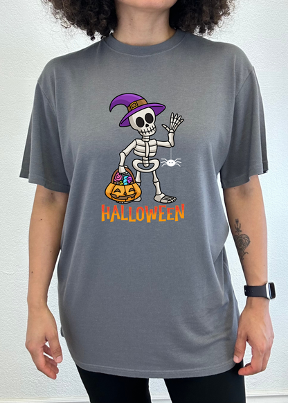 Gray unisex crewneck T-shirt with short sleeves featuring Halloween skeleton graphic