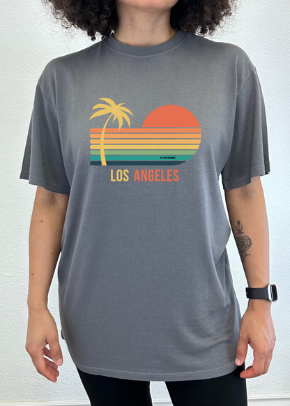 Gray unisex graphic short-sleeve T-shirt with palm, sunset, and “Los Angeles” print