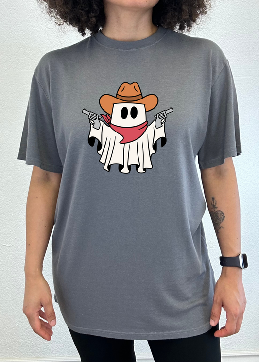 Men's dark gray graphic T-shirt with cowboy ghost face and revolver print on front.