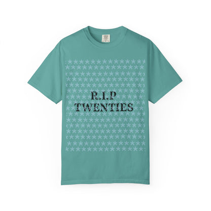 Seafoam unisex garment-dyed T-shirt with 'R.I.P TWENTIES' front print