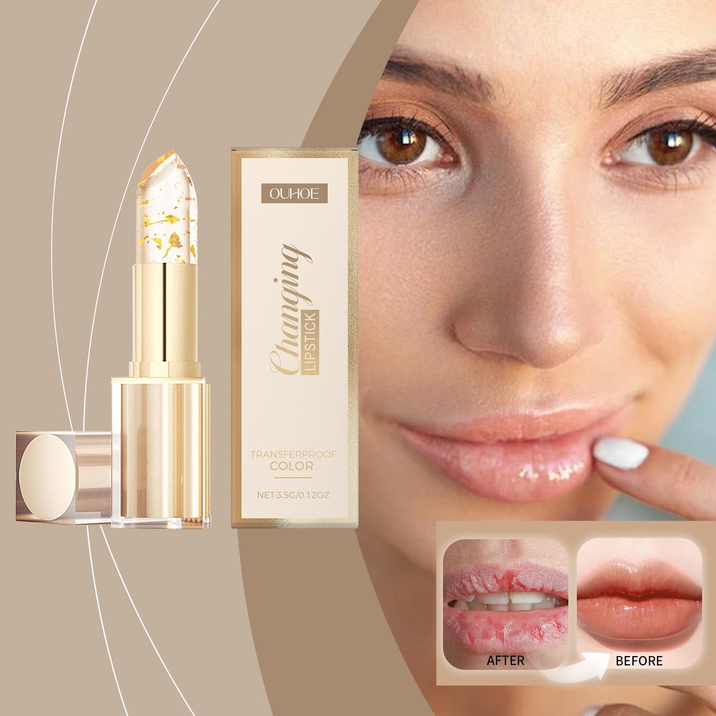 Gold color-changing nourishing lipstick; glossy lips with pink tint on close-up