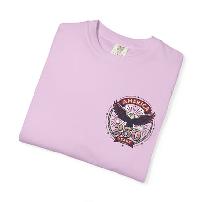 Pink T-shirt with America 250 circular eagle logo on chest, folded